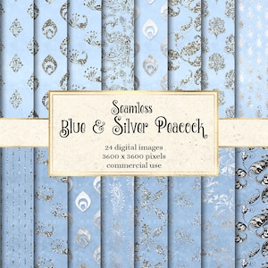 Blue and Silver Peacock Digital Paper, seamless peacock patterns printable scrapbook paper for journals and planners commercial use