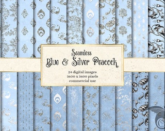 Blue Silver Peacock Digital Paper, Shimmering Patterns (Digital Download)