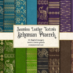 Bohemian Peacock Digital Paper, seamless leather textures, gold boho patterns, gold foil tribal textures, instant download commercial use