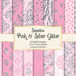 Pink and Silver Glitter Digital Paper, seamless royal princess baby shower patterns printable scrapbook paper backgrounds