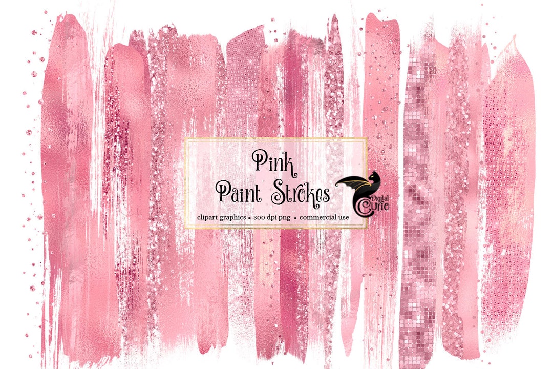 Pink Paint Strokes Clipart, With Pink Glitter and Pink Foil in Digital