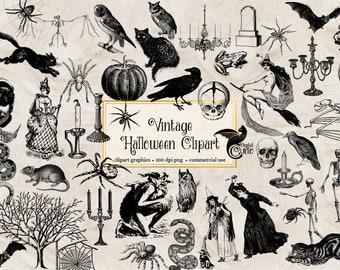 Vintage Halloween Clipart, antique Halloween clip art graphics, skulls, bats, owls, spiders, witches, vintage ephemera instant download