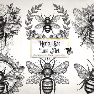 Honey Bee Line Art Clipart - bijen clip art en collagebladen voor gewijzigde kunst of junk journals instant download commercieel gebruik