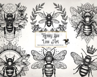 Honey Bee Line Art Clipart - abeilles clip art et feuilles de collage pour l’art modifié ou les journaux indésirables téléchargement instantané utilisation commerciale