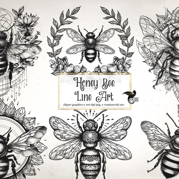 Honey Bee Line Art Clipart - bees clip art and collage sheets for altered art or junk journals instant download commercial use