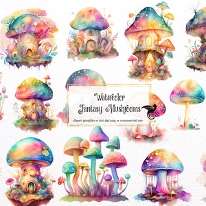 Watercolor Fantasy Mushrooms Clipart - pastel watercolor fairy toadstool house PNG format instant download for commercial use