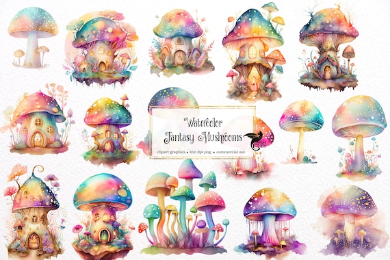 Watercolor Fantasy Mushroom Clipart – Fairy Toadstool House PNG (Digital Download)