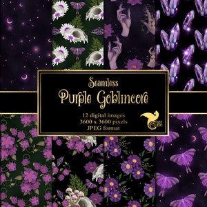 May include: A collection of 12 digital images with a seamless purple goblincore theme. The images feature illustrations of crystals, mushrooms, flowers, skulls, hands, and butterflies on a black background. The text on the image reads "Seamless Purple Goblincore".
