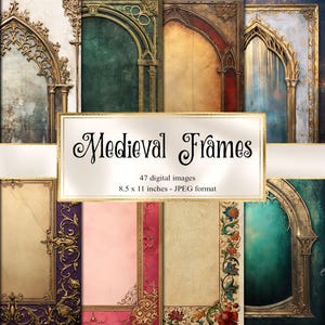 以下が含まれることがあります： さまざまな色とデザインの、中世のフレームのデジタル画像47枚セット。フレームは8.5 x 11インチで、JPEG形式です。