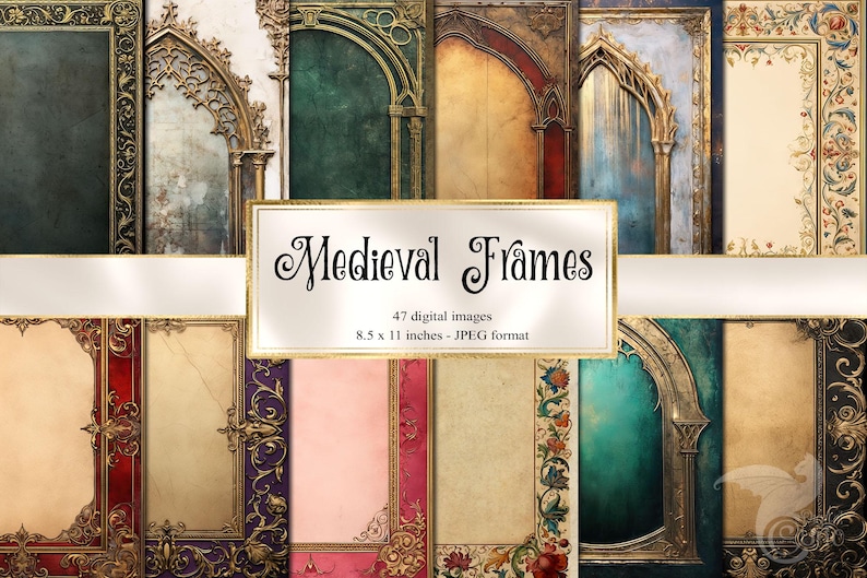 May include: A set of 47 digital images of medieval frames in various colors and designs. The frames are 8.5 x 11 inches and are in JPEG format.