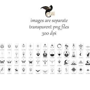 May include: Collection of black and white digital illustrations featuring various mystical and celestial designs. Includes images of butterflies, moons, cats, and other symbolic elements. Text at the top reads "images are separate transparent png files 300 dpi."