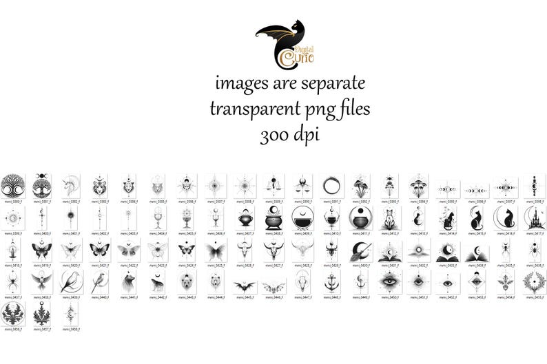 May include: Collection of black and white digital illustrations featuring various mystical and celestial designs. Includes images of butterflies, moons, cats, and other symbolic elements. Text at the top reads "images are separate transparent png files 300 dpi."