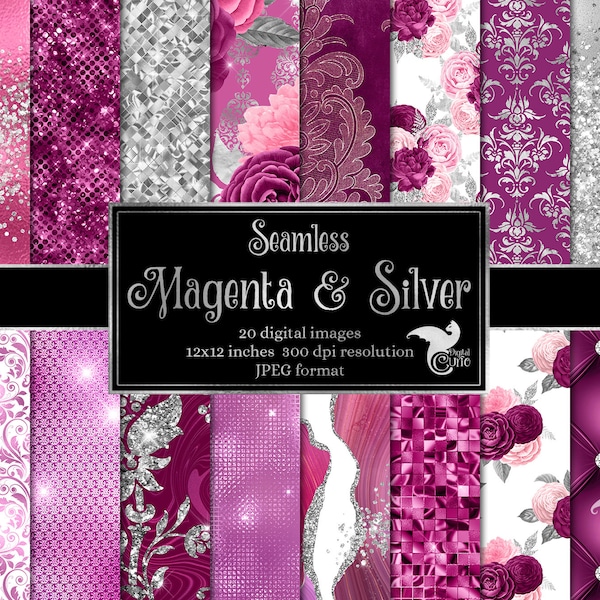 Magenta and Silver Digital Paper, seamless patterns and textures with foil, glitter and floral damask instant download printable paper