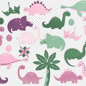 May include: A set of 16 colorful dinosaur illustrations in pink, purple, green, and white. The dinosaurs are in various poses, including standing, walking, and lying down. Some dinosaurs have flowers and palm trees behind them.