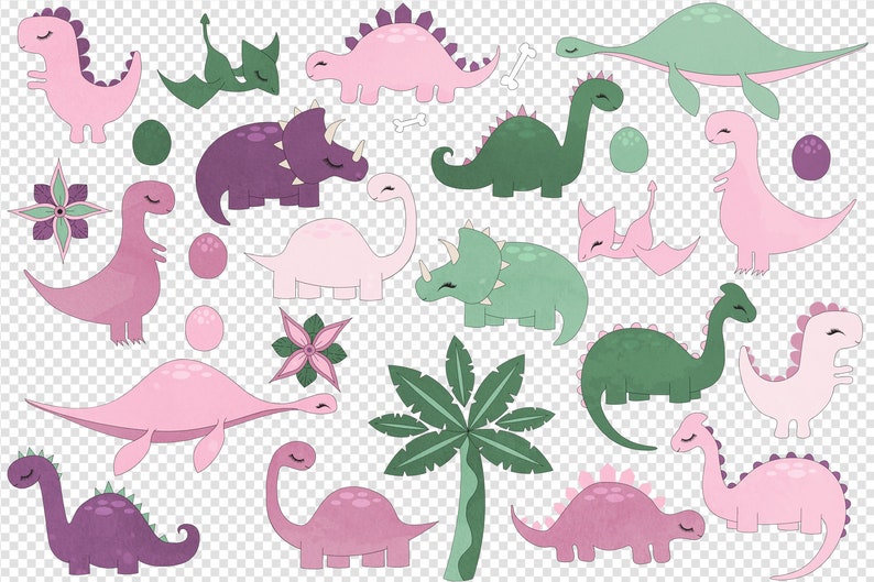 May include: A set of 16 colorful dinosaur illustrations in pink, purple, green, and white. The dinosaurs are in various poses, including standing, walking, and lying down. Some dinosaurs have flowers and palm trees behind them.