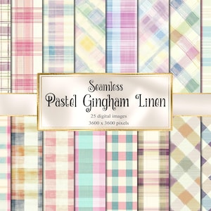 May include: A collection of 25 digital images featuring seamless pastel gingham linen patterns. The patterns include various colors such as pink, blue, purple, and yellow. The image dimensions are 3600 x 3600 pixels.