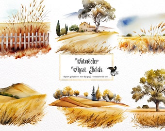 Watercolor Wheat Field Clipart – Summer Landscape PNG (Digital Download)