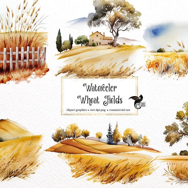 Clipart de champs de blé aquarelle - été champ paysage scènes aquarelle PNG format téléchargement immédiat pour un usage commercial