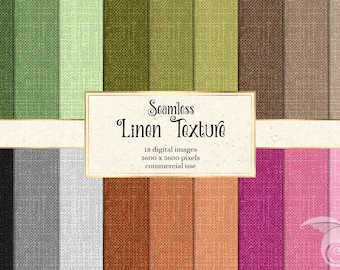 May include: A collection of 18 seamless digital linen textures in various colors, including green, brown, black, white, orange, pink, and red. Each texture is 3600 x 3600 pixels and is suitable for commercial use. Seamless Linen Texture.