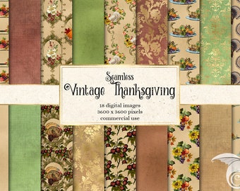 Vintage Thanksgiving Digital Paper - Seamless Autumn Scrapbook Patterns (Digital Download)
