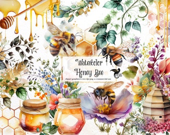 Watercolor Honey Bee Clipart, spring garden bee and honey drips clip art PNG graphics instant download for commercial use