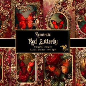 Romantische rote Schmetterling Journal Papier, Notizbuch digitales Papier Rokoko Fantasy Junk Journal Seiten printable 8.5 x 11 Papier sofort Download