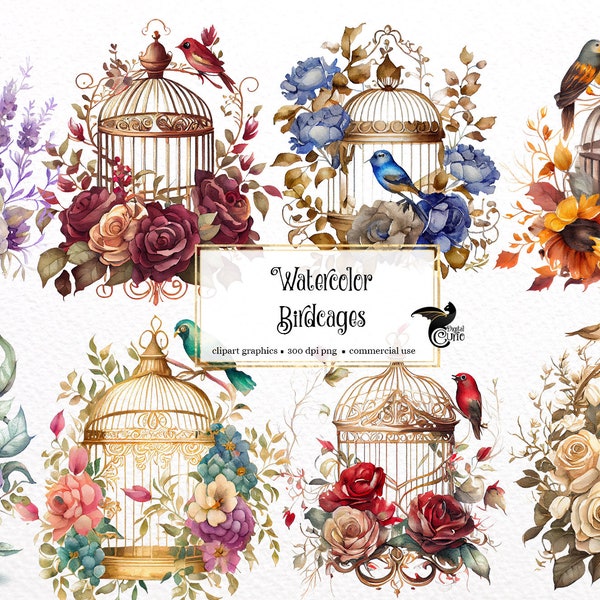 Watercolor Birdcages Clipart - vintage floral shabby antique bird cage PNG format instant download for commercial use