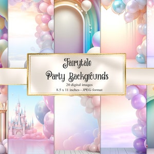 Fairytale Party Backgrounds, notebook digital paper balloon fantasy junk journal pages printable 8.5x11 inch A4 paper instant download