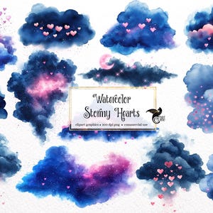 May include: Watercolor digital art featuring dark blue and purple clouds with pink hearts. The image includes the text "Watercolor Stormy Hearts" and is labeled as clipart graphics.
