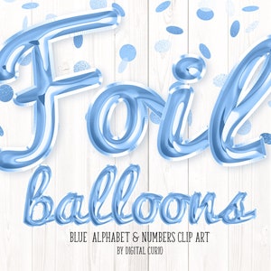 Blue Foil Balloon Script Alphabet Clip Art - gráficos digitais de download instantâneo em formato PNG para uso comercial em designs de festas de comemoração