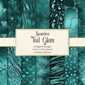 Teal Glam Digital Paper, seamless metallic glitter sparkle backgrounds sequin textures tileable instant download paper pack commercial use
