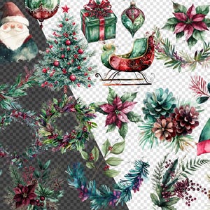 May include: Watercolor illustrations of Christmas elements, including a snowman, a Christmas tree, a stocking, a wreath, a sleigh, a poinsettia, a pine cone, a candle, and a Santa Claus.