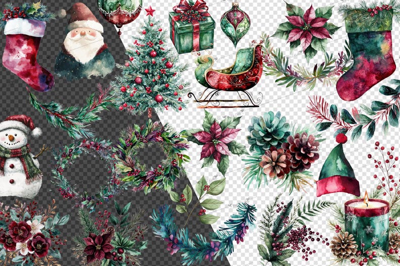 May include: Watercolor illustrations of Christmas elements, including a snowman, a Christmas tree, a stocking, a wreath, a sleigh, a poinsettia, a pine cone, a candle, and a Santa Claus.