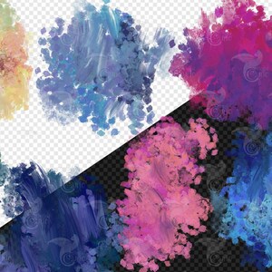 May include: An assortment of abstract brushstrokes in various colors, including yellow, blue, pink, and purple. The strokes have a textured appearance, suggesting the use of thick paint. The background is transparent and black.