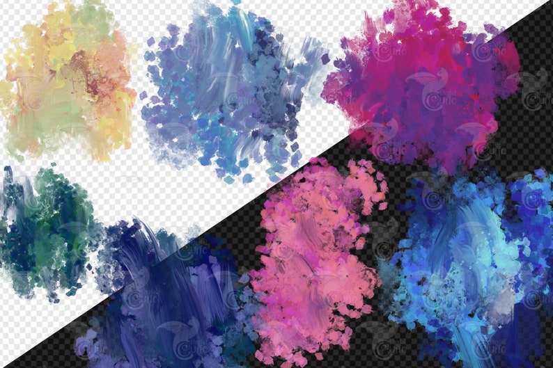 May include: An assortment of abstract brushstrokes in various colors, including yellow, blue, pink, and purple. The strokes have a textured appearance, suggesting the use of thick paint. The background is transparent and black.
