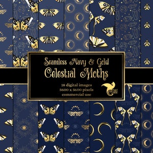 Navy and Gold Celestial Moths Digital Paper, seamless mystical patterns printable scrapbook paper