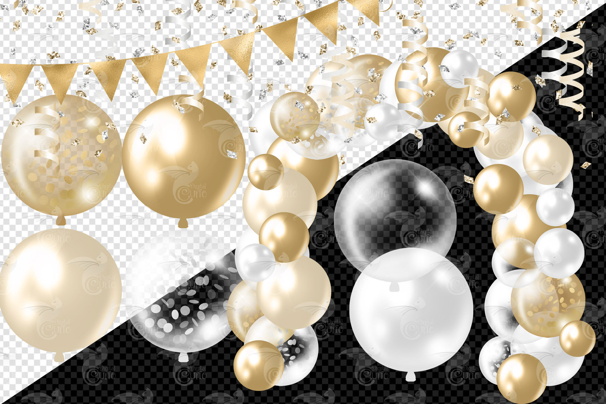 Gold Balloon Arch Clipart, Ribbons and Confetti (PNG Digital Download ...