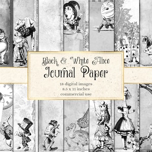 Black and White Alice's Adventures in Wonderland Journal Paper, notebook digital paper junk journal pages printable 8.5x11 scrapbook paper