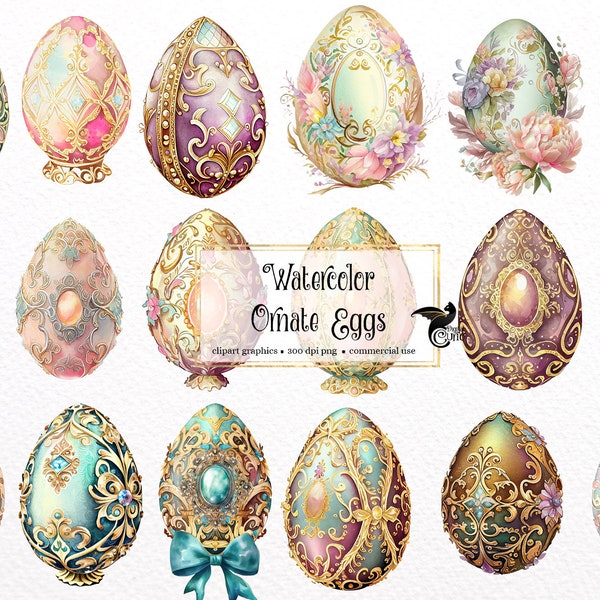 Watercolor Ornate Eggs Clipart - cottagecore jewel Easter eggs in PNG format instant download for commercial use