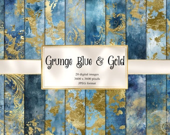 May include: A set of 20 digital paper backgrounds featuring a grunge blue and gold design. The papers are 3600 x 3600 pixels and are in JPEG format.