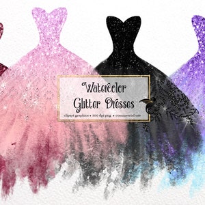 Watercolor Glitter Dress Clipart, diamond dresses, watercolour fashion  couture clip art, glam princess dress clipart, hand drawn design