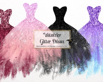 Watercolor Glitter Dress Clipart, diamond dresses, watercolour fashion couture clip art, glam princess dress clipart, hand drawn design