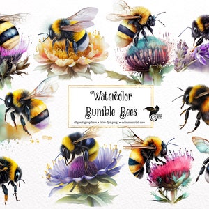 Watercolor Bumble Bee Clipart, spring garden bee clip art PNG graphics instant download for commercial use