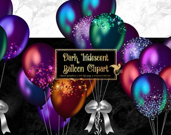 Dark Iridescent Balloons Clipart, Glitter Party PNG (Digital Download)