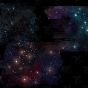 May include: Three abstract watercolor galaxy backgrounds with a dark blue, purple, and black color scheme. The backgrounds feature a variety of stars and constellations.