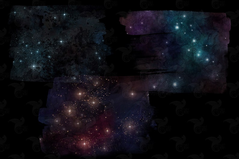 May include: Three abstract watercolor galaxy backgrounds with a dark blue, purple, and black color scheme. The backgrounds feature a variety of stars and constellations.