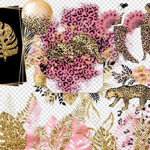 May include: A digital illustration featuring a pink and black leopard print background with gold accents. The illustration includes a leopard, tropical leaves, and flowers.