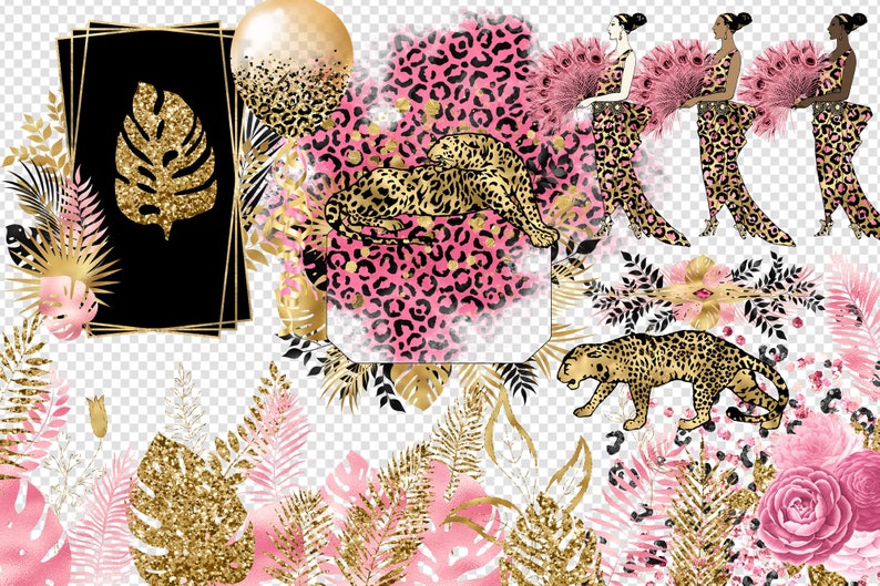 May include: A digital illustration featuring a pink and black leopard print background with gold accents. The illustration includes a leopard, tropical leaves, and flowers.