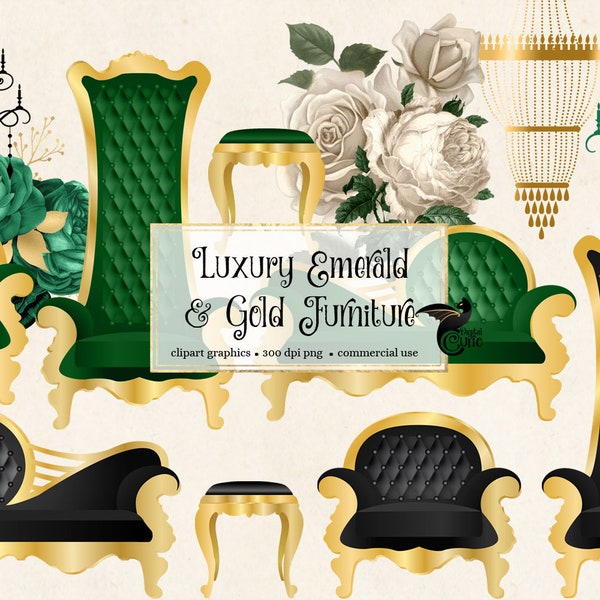 Luxury Emerald and Gold Furniture Clip Art - graphics in PNG format tufted chairs and chandeliers for commercial use