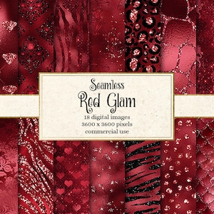 May include: A set of 18 digital seamless patterns in red and black with glitter accents. The patterns include hearts, leopard print, damask, and zebra stripes. The text "Seamless Red Glam" is displayed in the center of the image. The text "18 digital images 3600 x 3600 pixels commercial use" is displayed below the title.